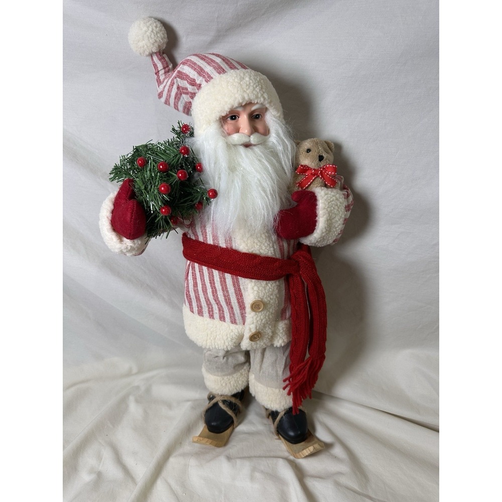 22" Nordic Ski Santa Figure Teddy Bear Rustic Lodge Christmas Decor Wooden Skis